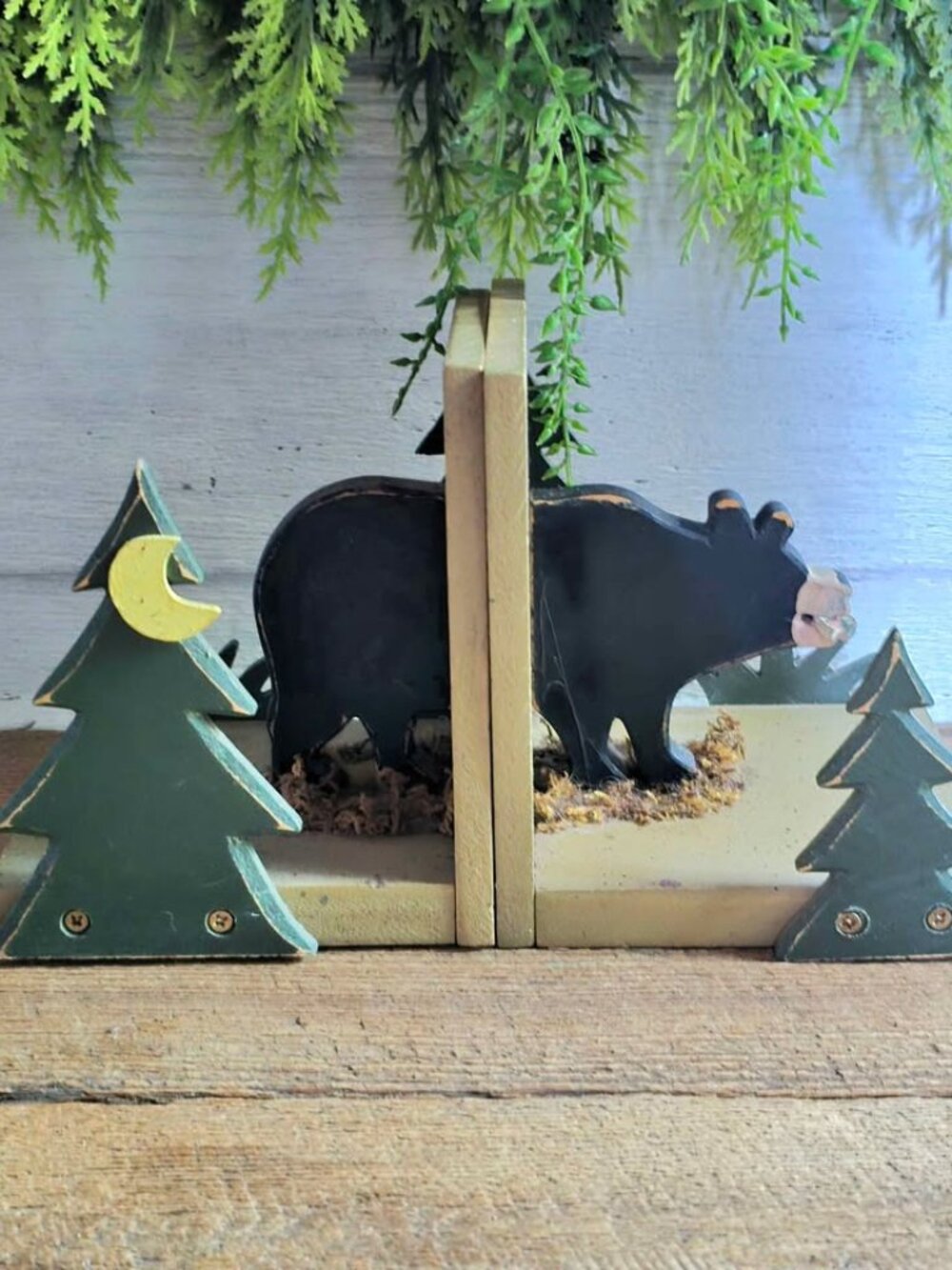 Rustic Distressed Black Bear with Fish, Trees, & Crescent Moon Bookends